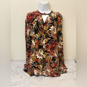 Umgee Tunic Womens S Multicolor Floral Keyhole Neck Pullover Long Sleeve Top
